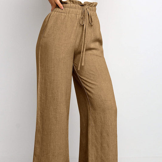 Elastic Waistband Lace-up Wide Leg Pants Solid Color Cropped Pants